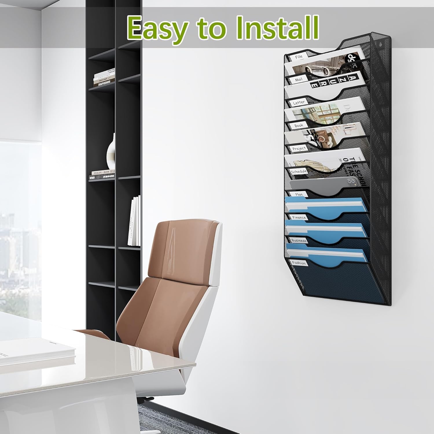 10 Tier Wall File Organizer Office Mesh Metal Hanging File Folder Holder Magazine Rack , Black