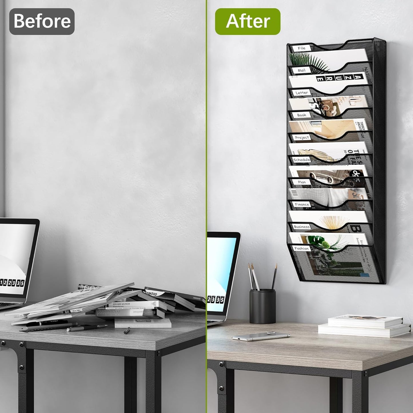 10 Tier Wall File Organizer Office Mesh Metal Hanging File Folder Holder Magazine Rack , Black