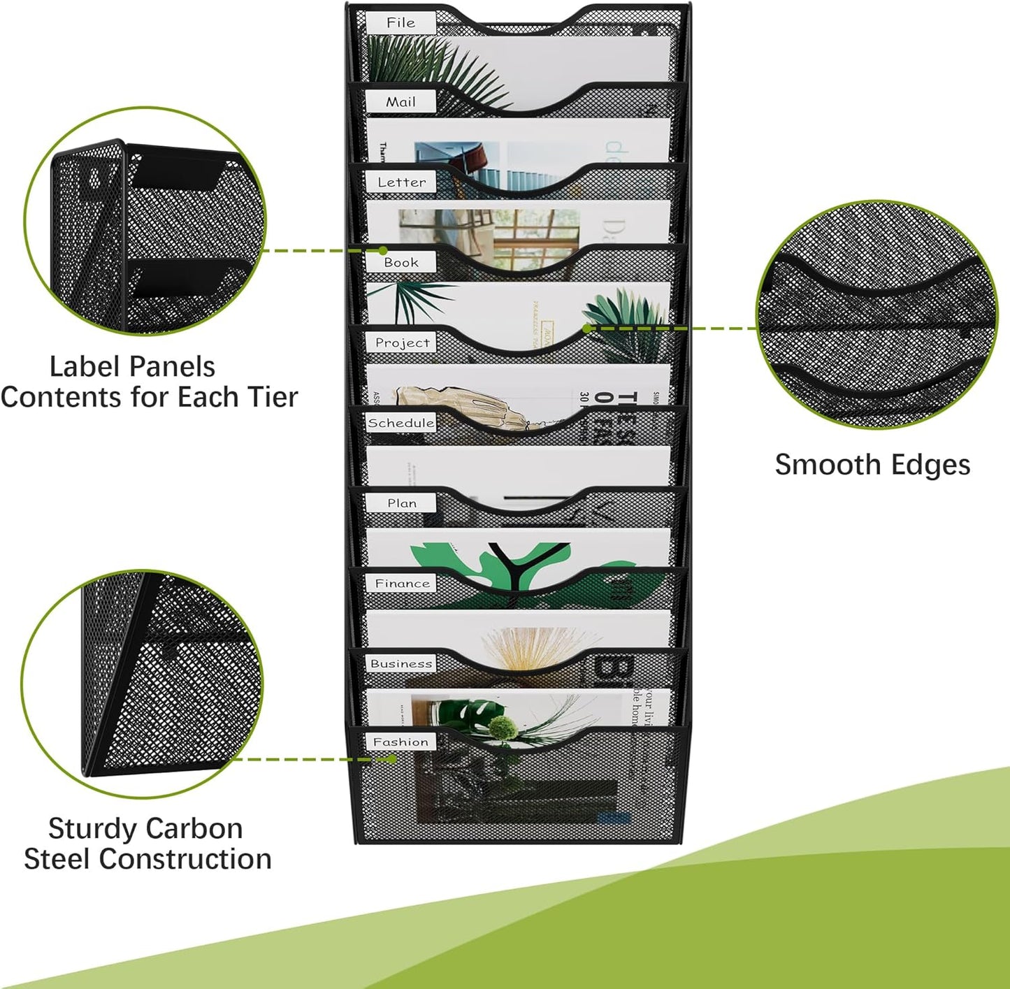 10 Tier Wall File Organizer Office Mesh Metal Hanging File Folder Holder Magazine Rack , Black