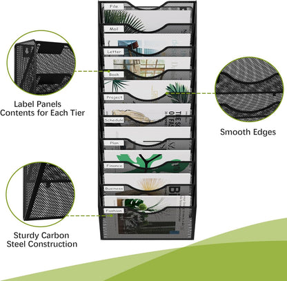 10 Tier Wall File Organizer Office Mesh Metal Hanging File Folder Holder Magazine Rack , Black